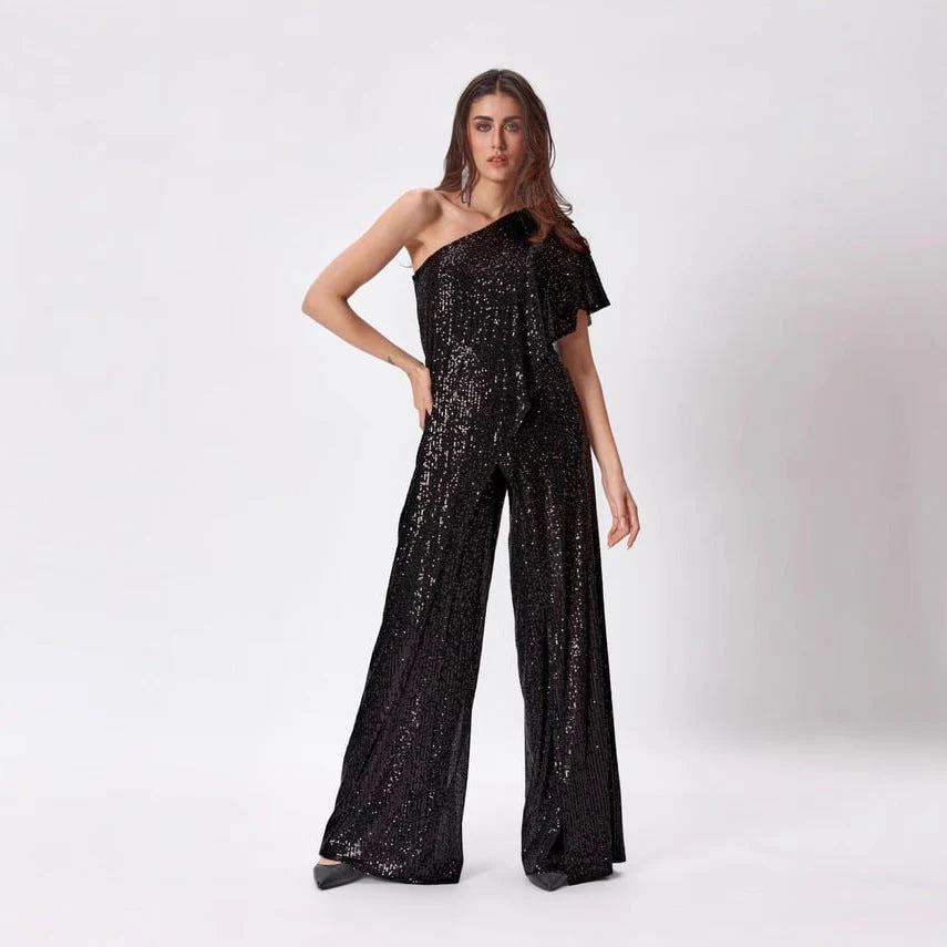 Damen Einseitiger Pailletten Jumpsuit mit Weiter Hose Heidi-Mode