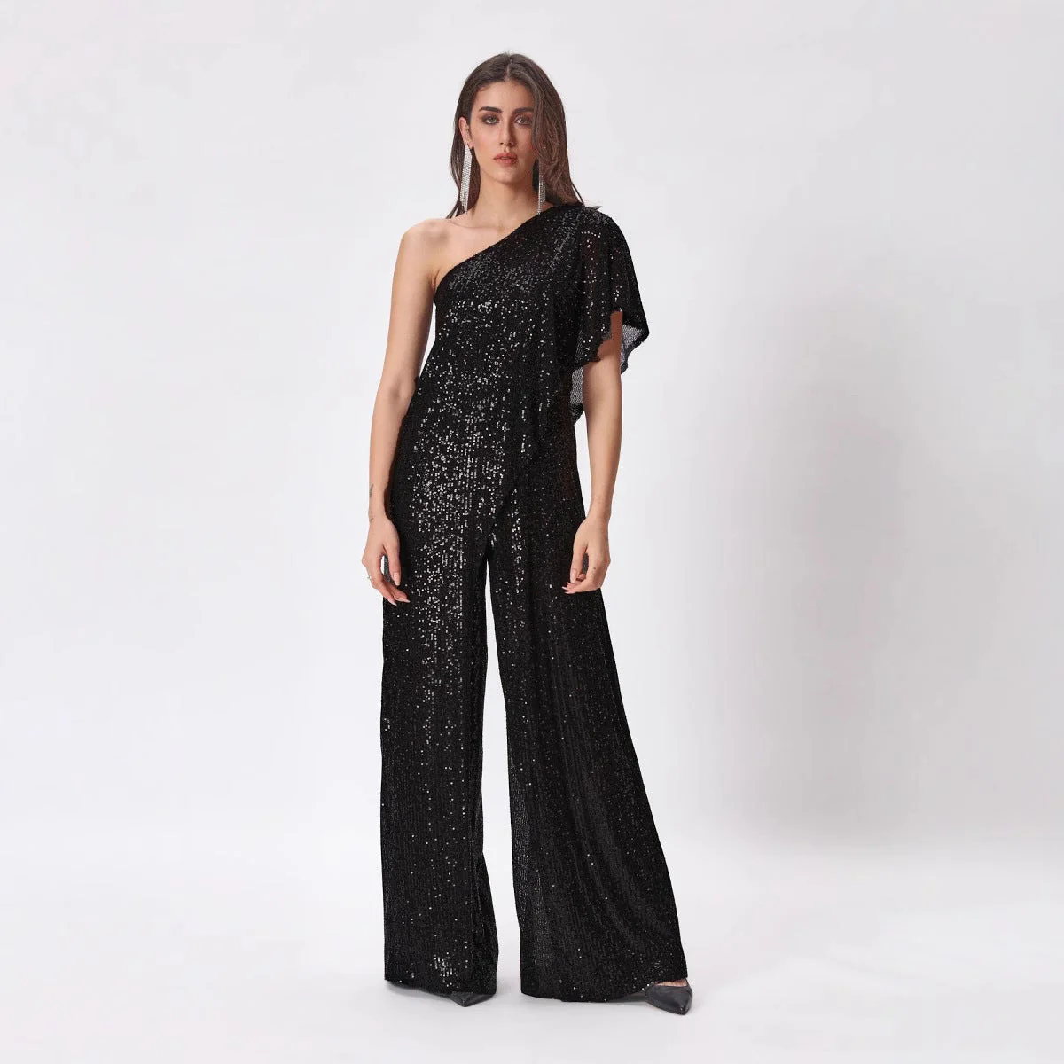 Damen Einseitiger Pailletten Jumpsuit mit Weiter Hose Heidi-Mode - Image 3