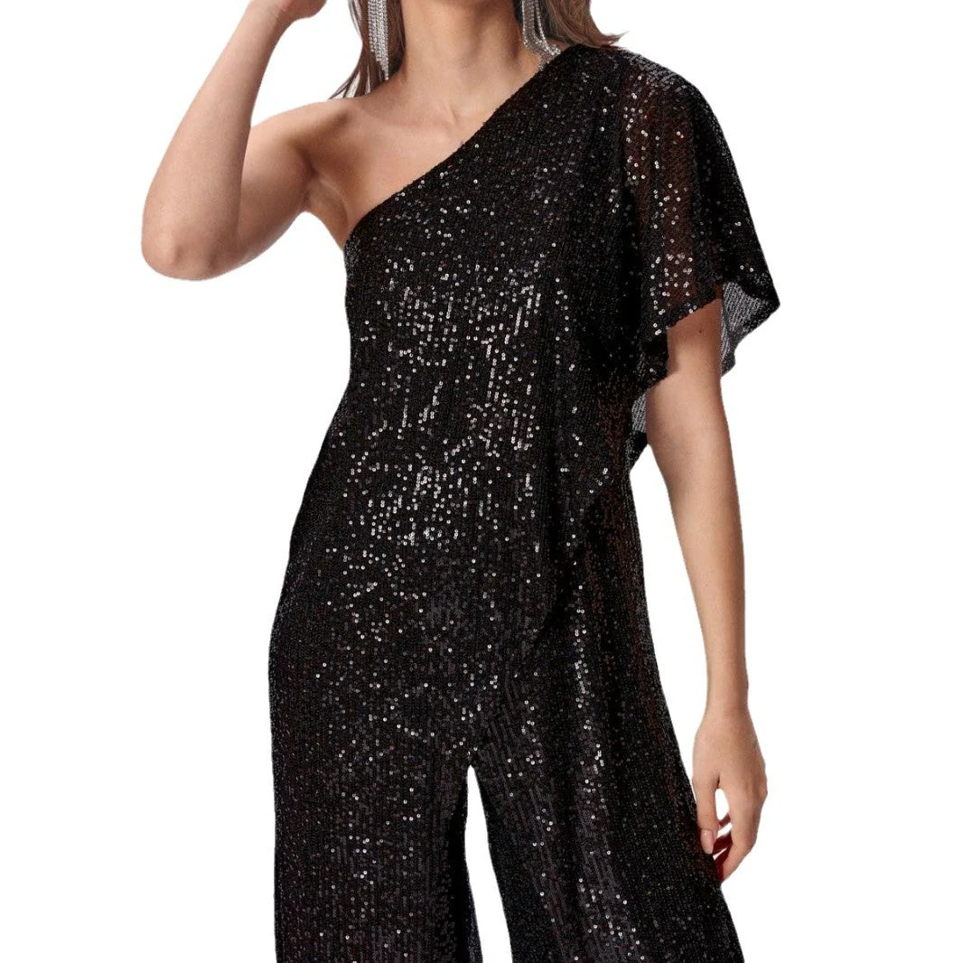 Damen Einseitiger Pailletten Jumpsuit mit Weiter Hose Heidi-Mode - Image 5