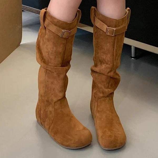 Damen Elegant gefaltete Langschaftstiefel mit modischen Schnallendetails Heidi Mode