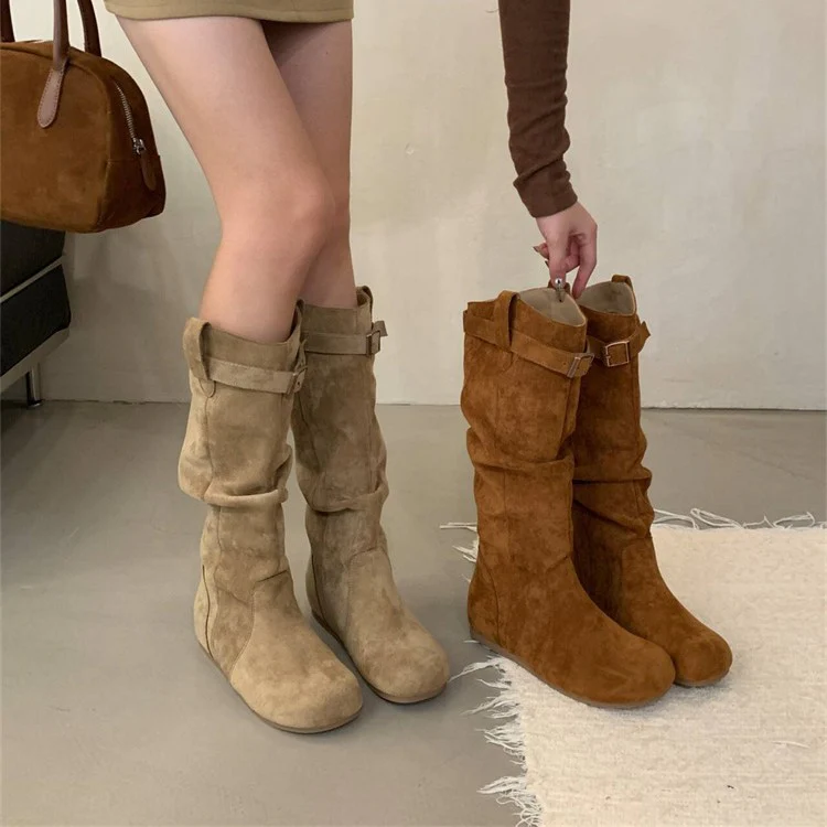 Damen Elegant gefaltete Langschaftstiefel mit modischen Schnallendetails Heidi Mode - Image 2