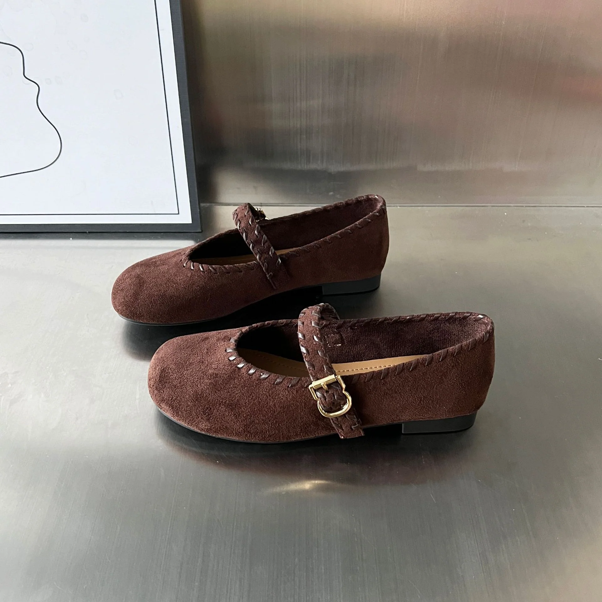 Damen elegante Ballerinas mit geflochtenem Riemen und hochwertiger Veloursoberfläche Heidi Mode