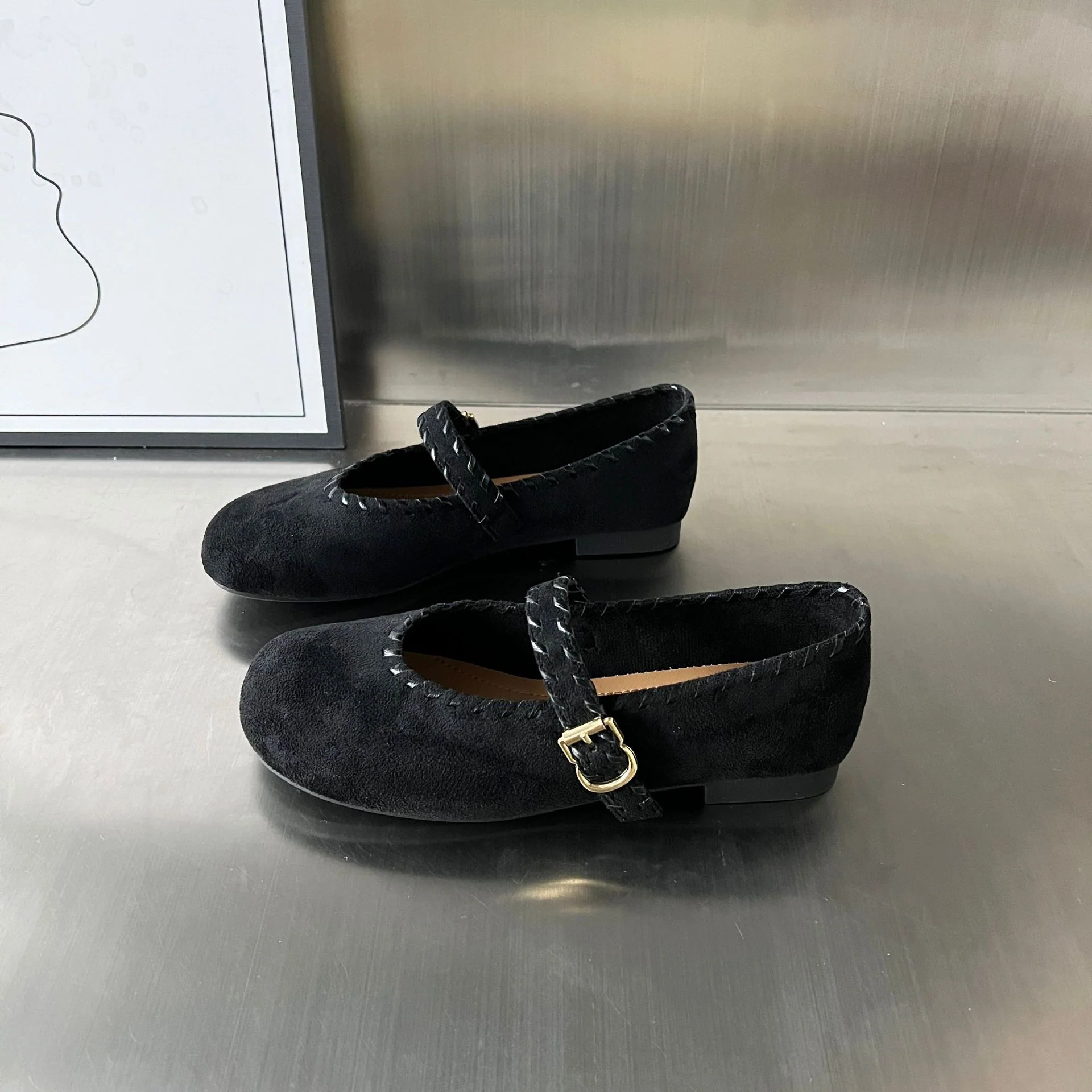 Damen elegante Ballerinas mit geflochtenem Riemen und hochwertiger Veloursoberfläche Heidi Mode - Image 2