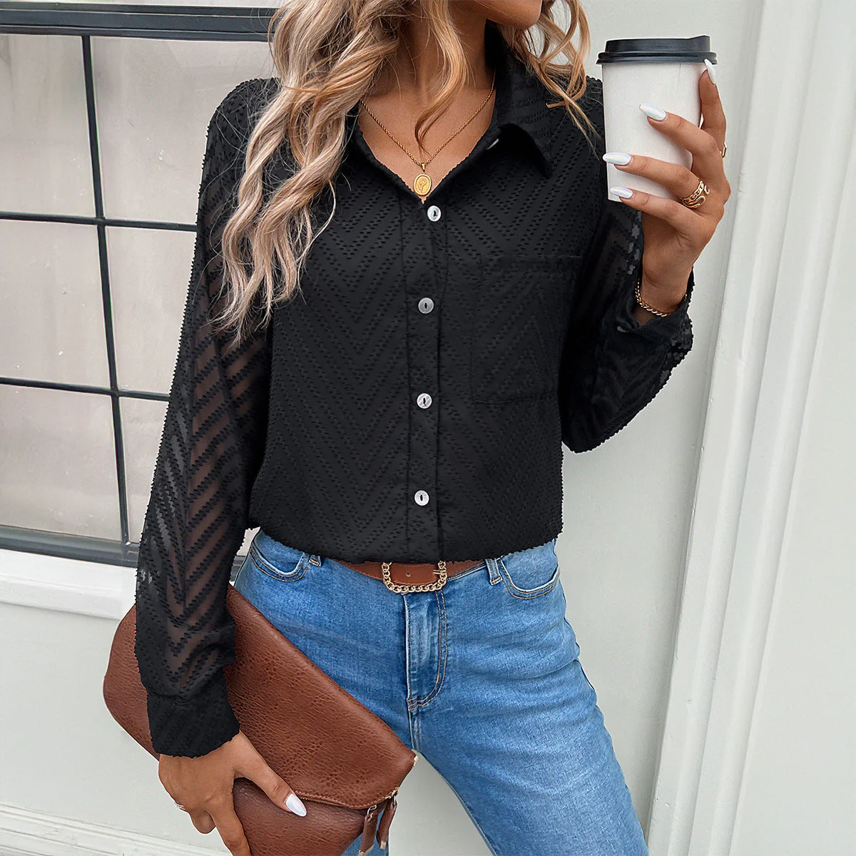 Damen Elegante Bluse mit Transparenten Ärmeln und Knopfverschlüssen Heidi-Mode - Image 4