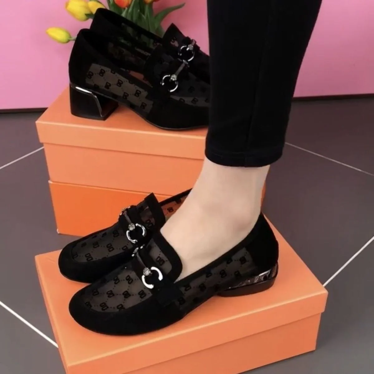Damen elegante Halbschuhe mit transparenter Spitze und Blockabsatz Heidi Mode - Image 4