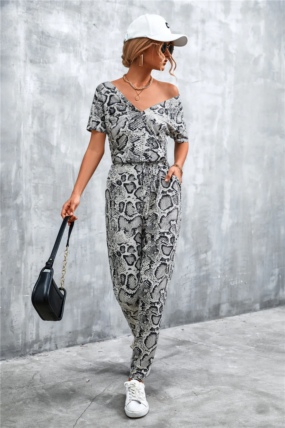Damen elegante Jumpsuit im Snake-Print-Stil mit Taillengürtel und V-Ausschnitt Heidi-Mode - Image 8