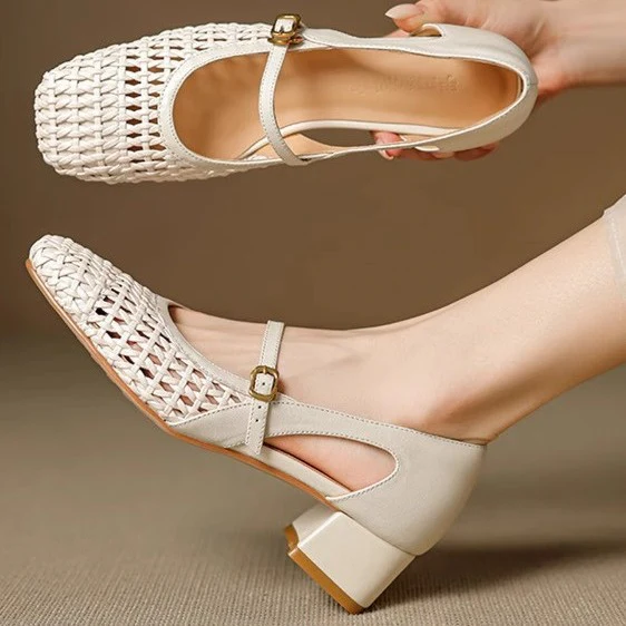 Damen elegante Mary Jane Pumps mit modischem Geflecht und bequemem Blockabsatz Heidi Mode - Image 4