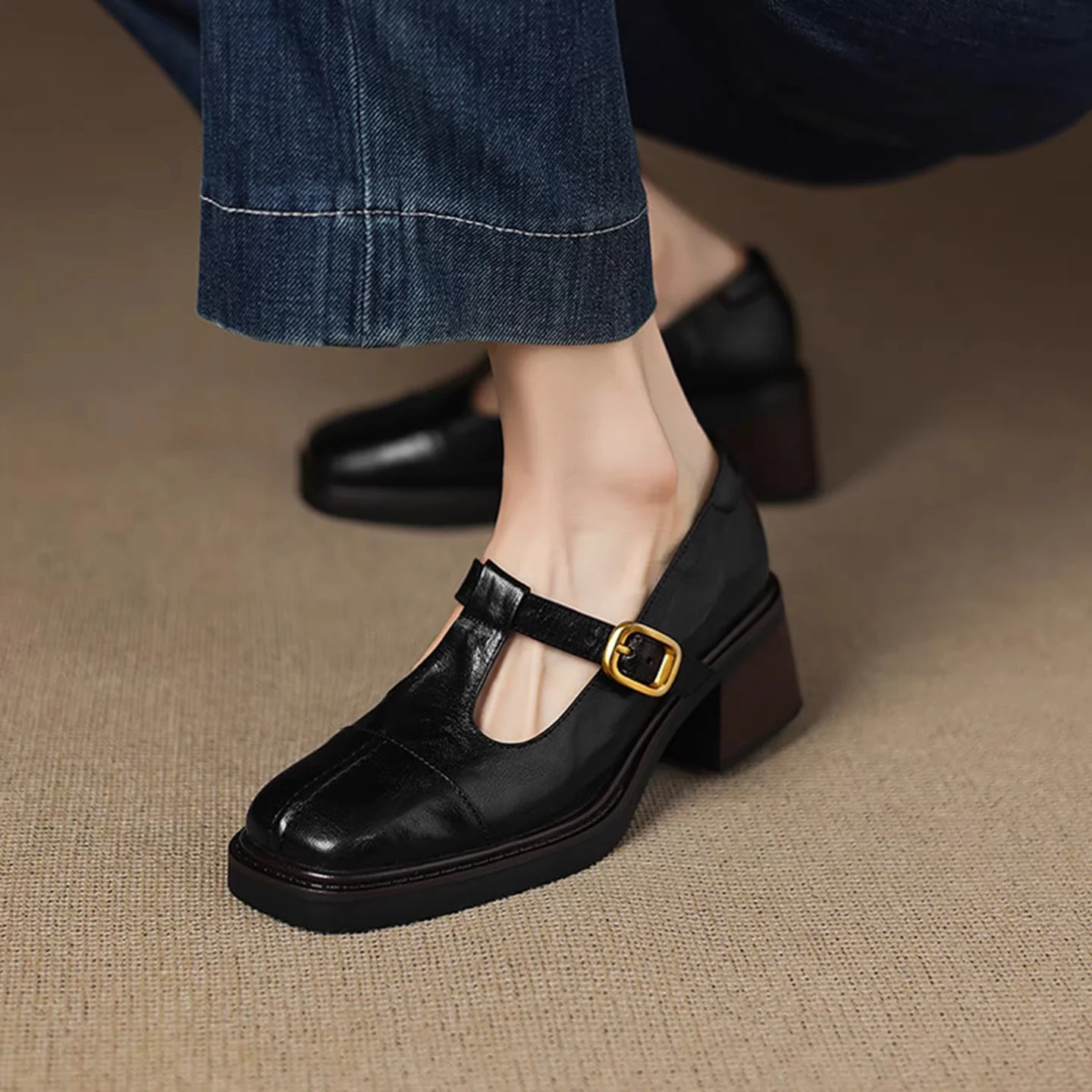 Damen elegante Mary Janes mit hochwertiger Lederoberfläche und komfortablem Blockabsatz Heidi Mode