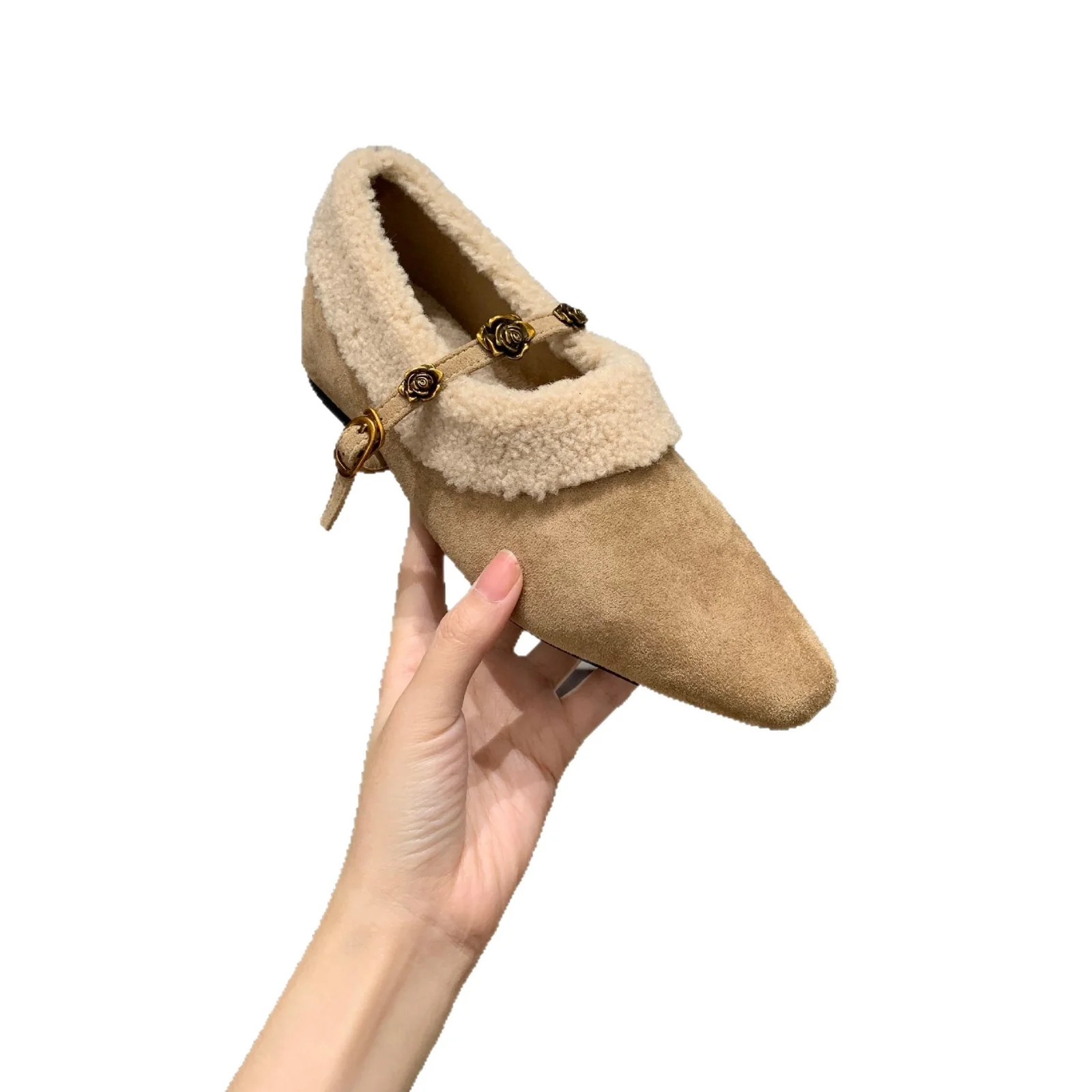 Damen elegante Slipper mit dekorativem Kunstfellkragen und goldenen Akzenten Heidi Mode - Image 5