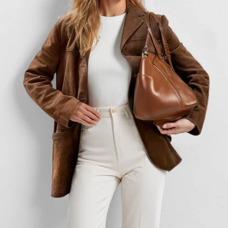 Damen Eleganter Blazer Aus Weichem Wildlederimitat mit Schmalem Schnitt Heidi-Mode - Image 2