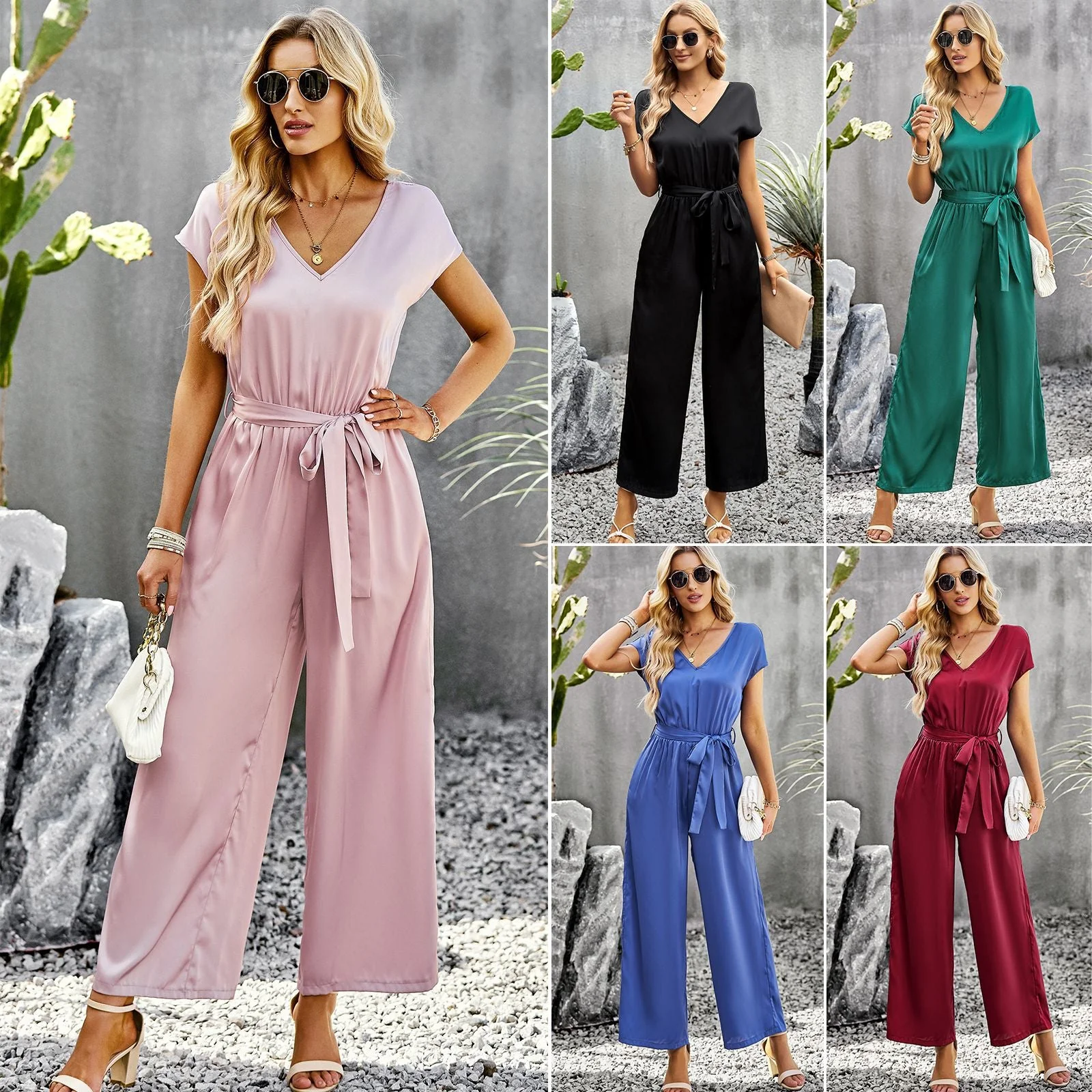 Damen Eleganter Jumpsuit mit V-Ausschnitt und Bindegürtel Heidi-Mode