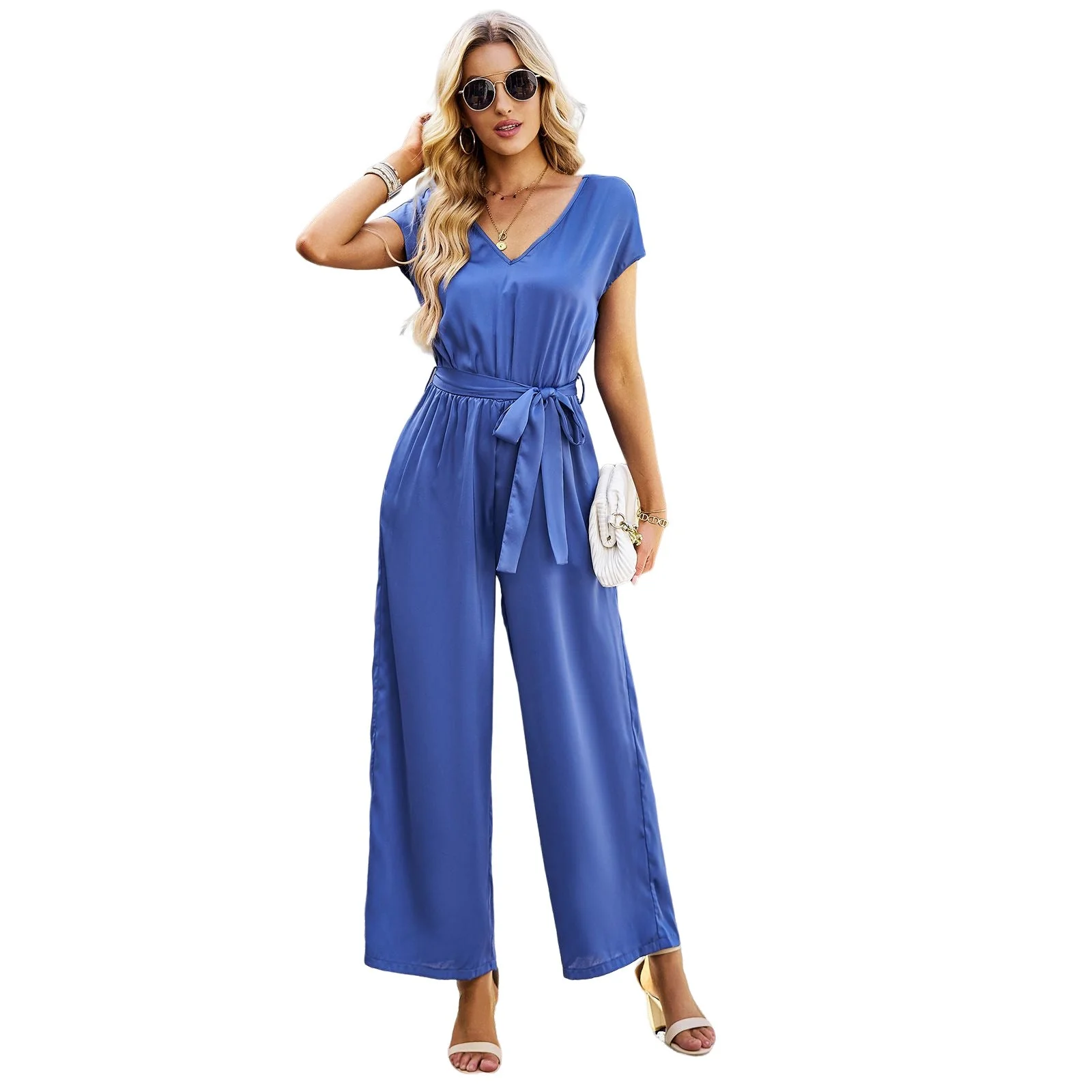Damen Eleganter Jumpsuit mit V-Ausschnitt und Bindegürtel Heidi-Mode - Image 5