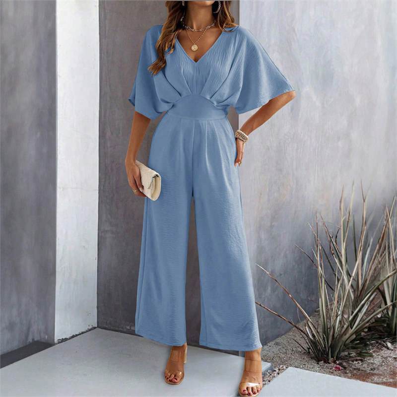 Damen Eleganter Jumpsuit mit weit geschnittenem Bein und schickem V-Ausschnitt Heidi-Mode