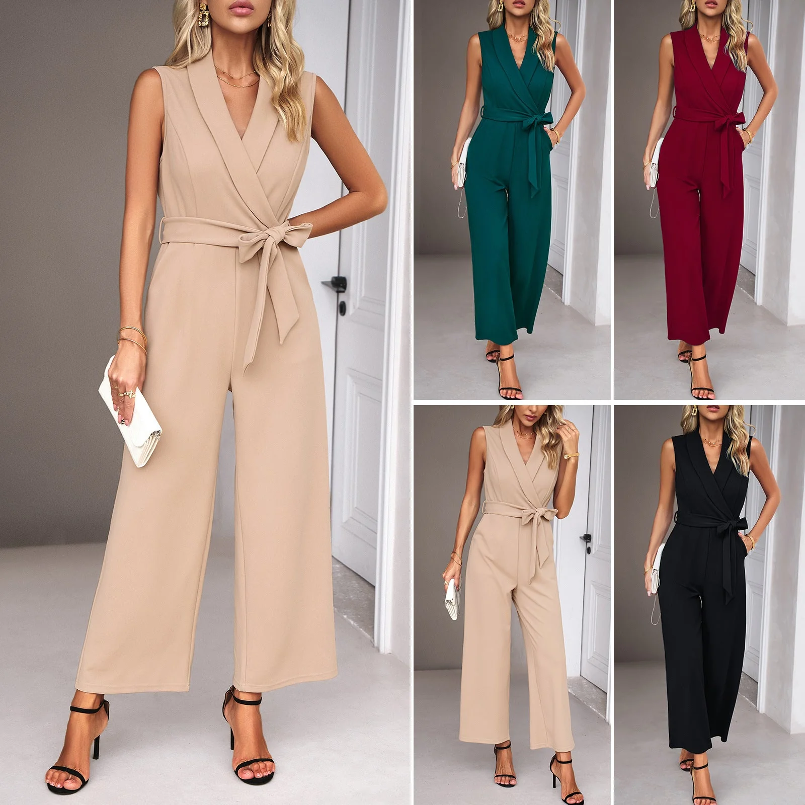 Damen Eleganter Jumpsuit mit Wickeloptik und Taillengürtel Heidi-Mode