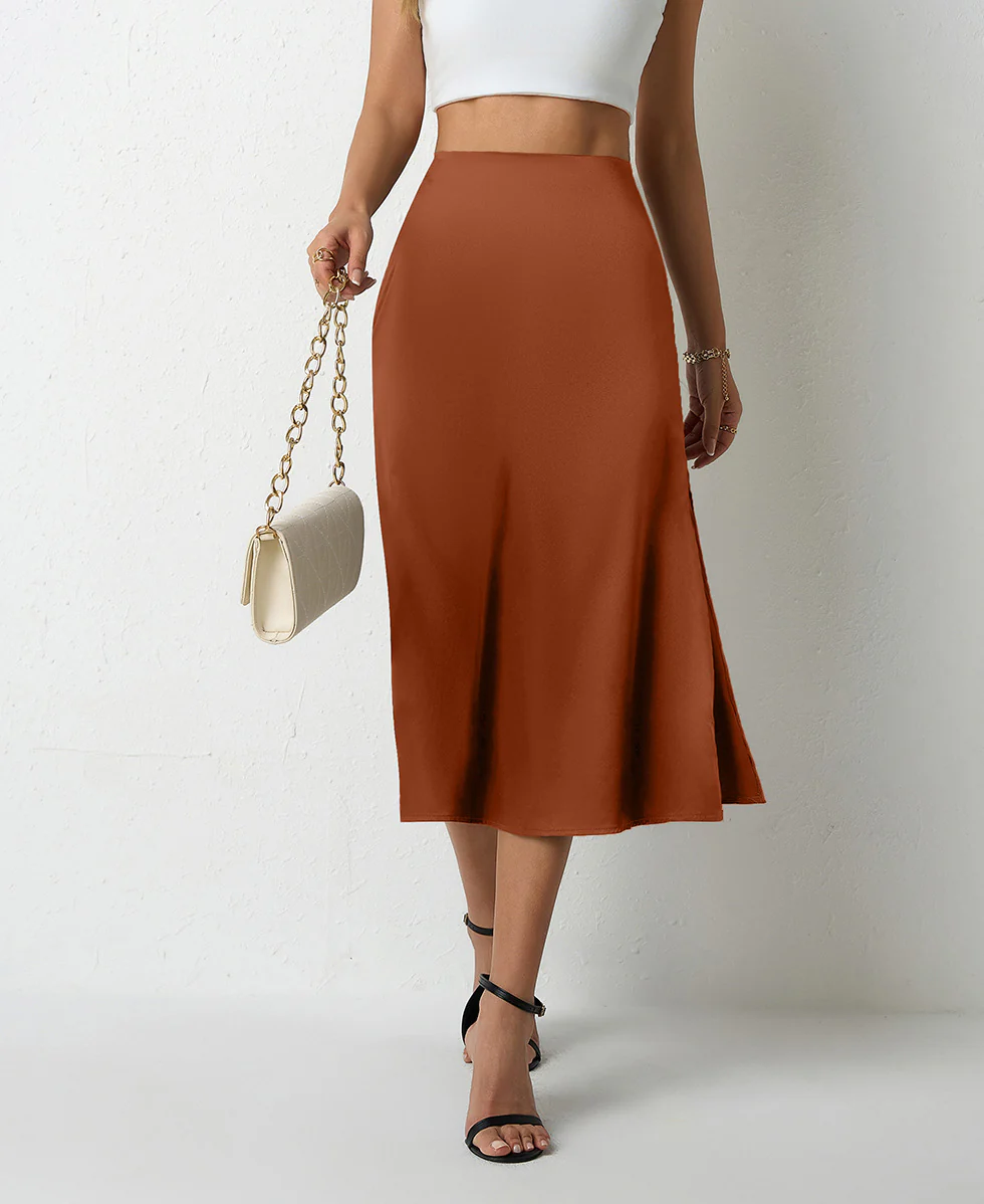 Damen eleganter Satin-Midirock mit fließendem Schnitt und hohem Bund Heidi Mode - Image 12