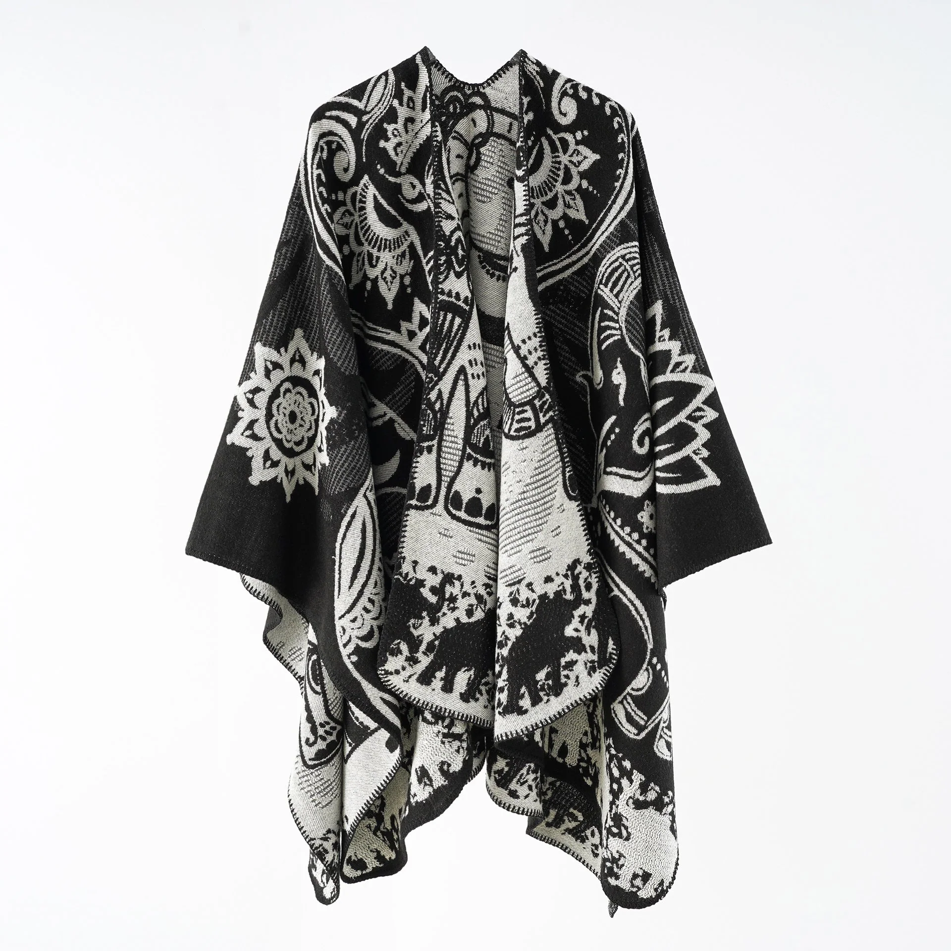 Damen Eleganter Übergang-Poncho mit Kunstvollem Floralen Muster und Fransigen Abschlüssen Heidi-Mode - Image 10