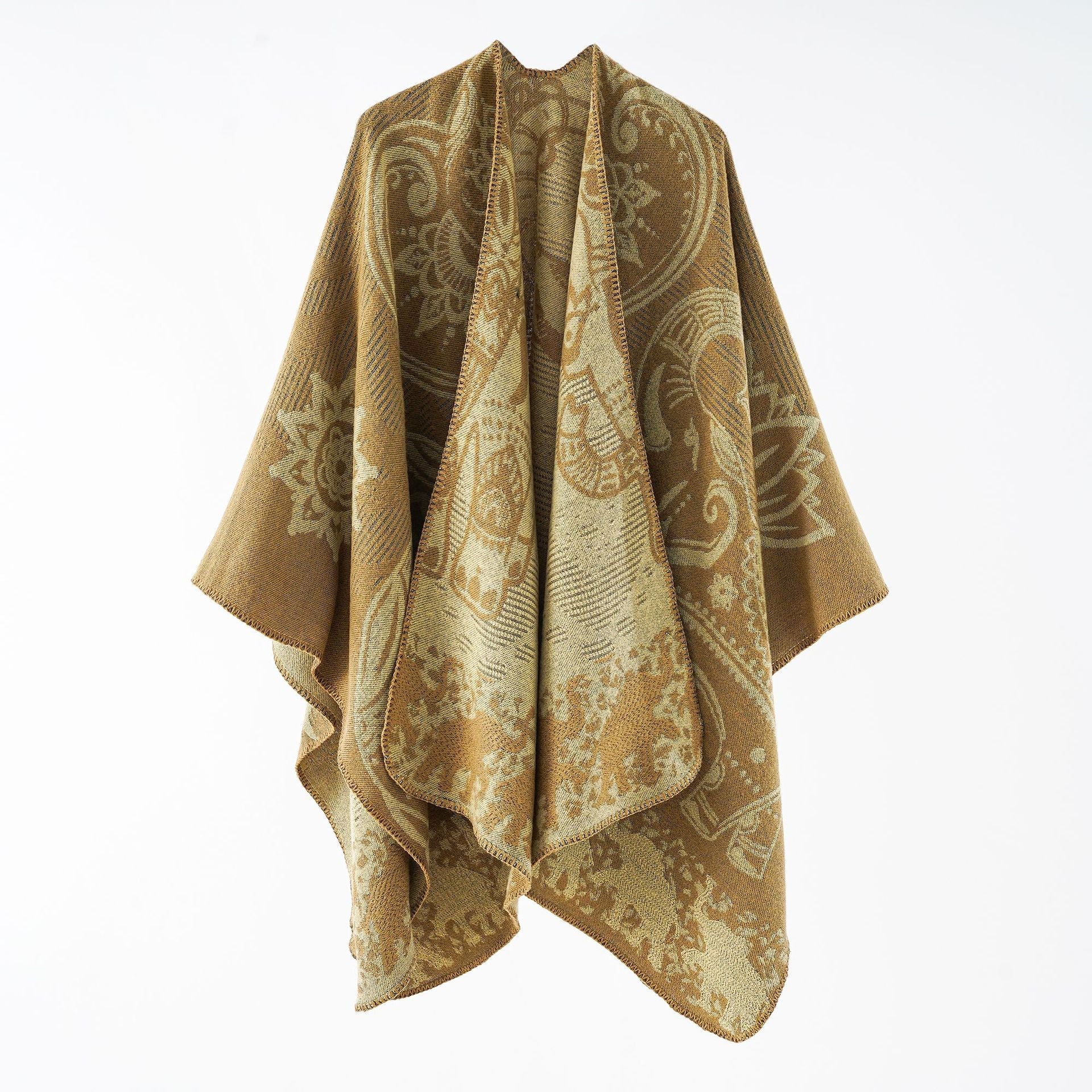 Damen Eleganter Übergang-Poncho mit Kunstvollem Floralen Muster und Fransigen Abschlüssen Heidi-Mode - Image 11