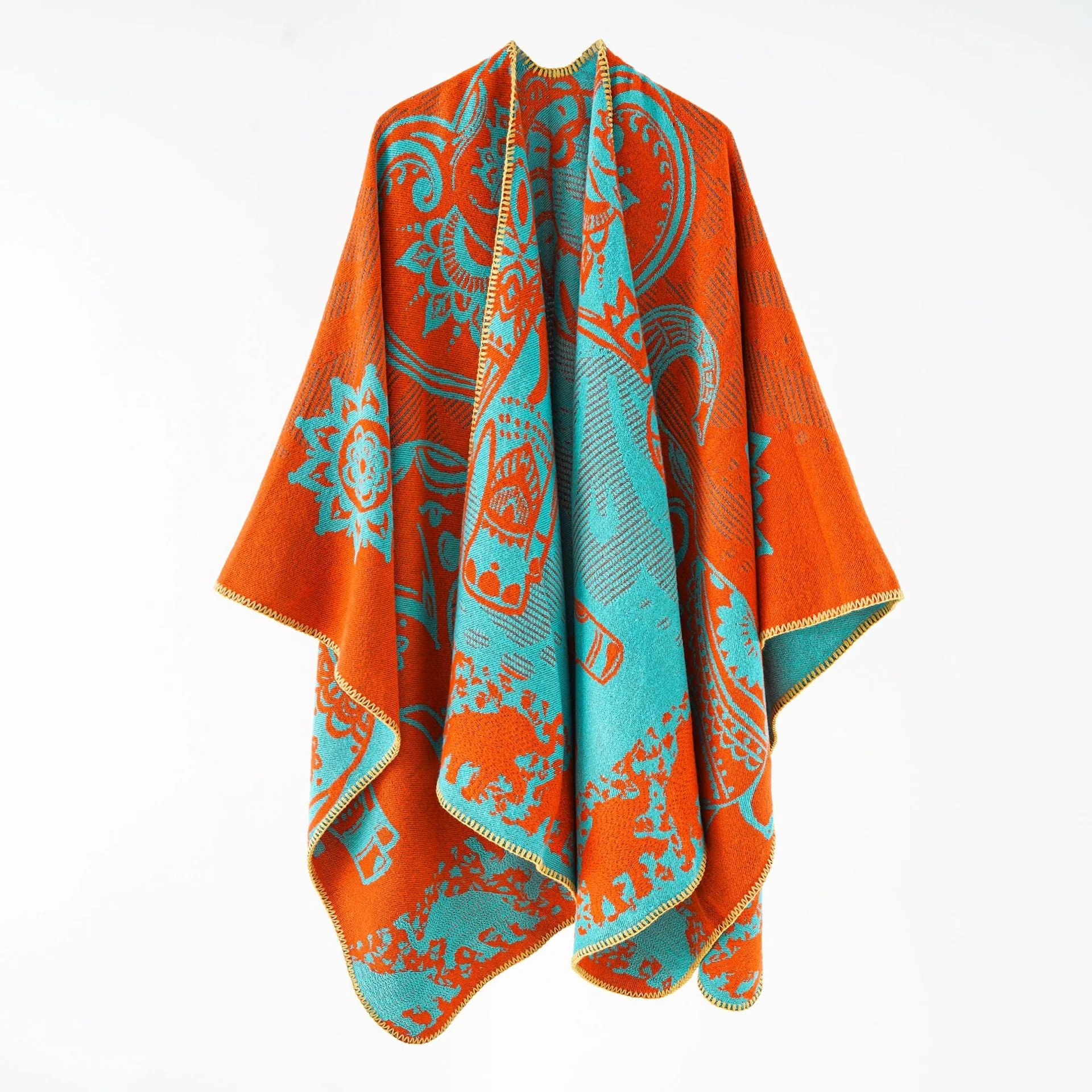 Damen Eleganter Übergang-Poncho mit Kunstvollem Floralen Muster und Fransigen Abschlüssen Heidi-Mode - Image 12