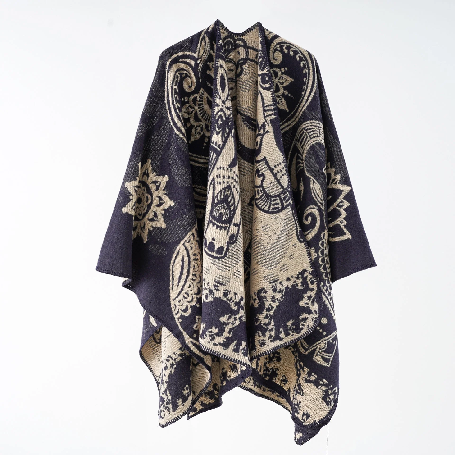 Damen Eleganter Übergang-Poncho mit Kunstvollem Floralen Muster und Fransigen Abschlüssen Heidi-Mode - Image 2