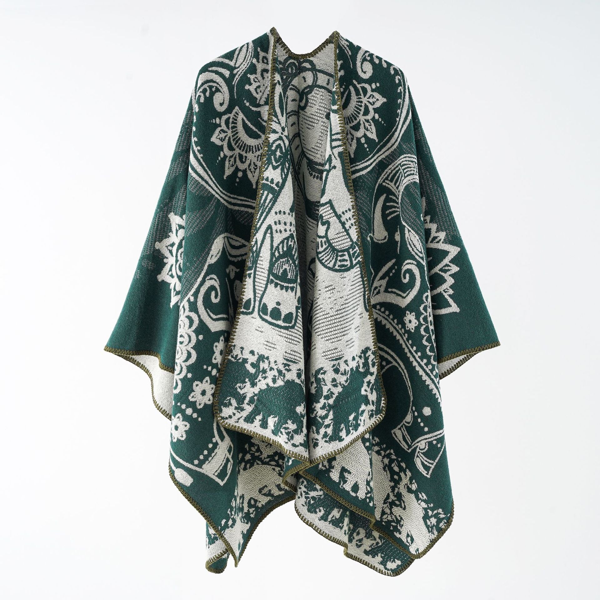 Damen Eleganter Übergang-Poncho mit Kunstvollem Floralen Muster und Fransigen Abschlüssen Heidi-Mode - Image 7