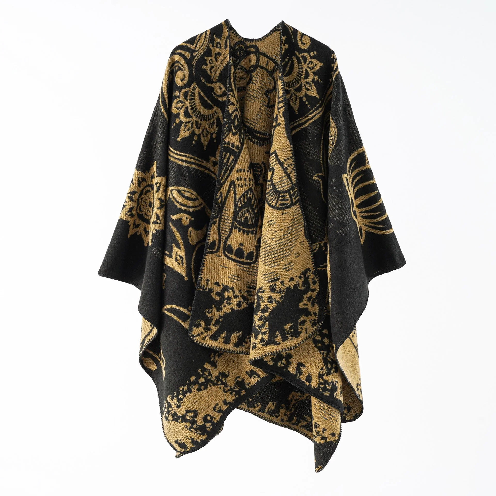 Damen Eleganter Übergang-Poncho mit Kunstvollem Floralen Muster und Fransigen Abschlüssen Heidi-Mode - Image 8