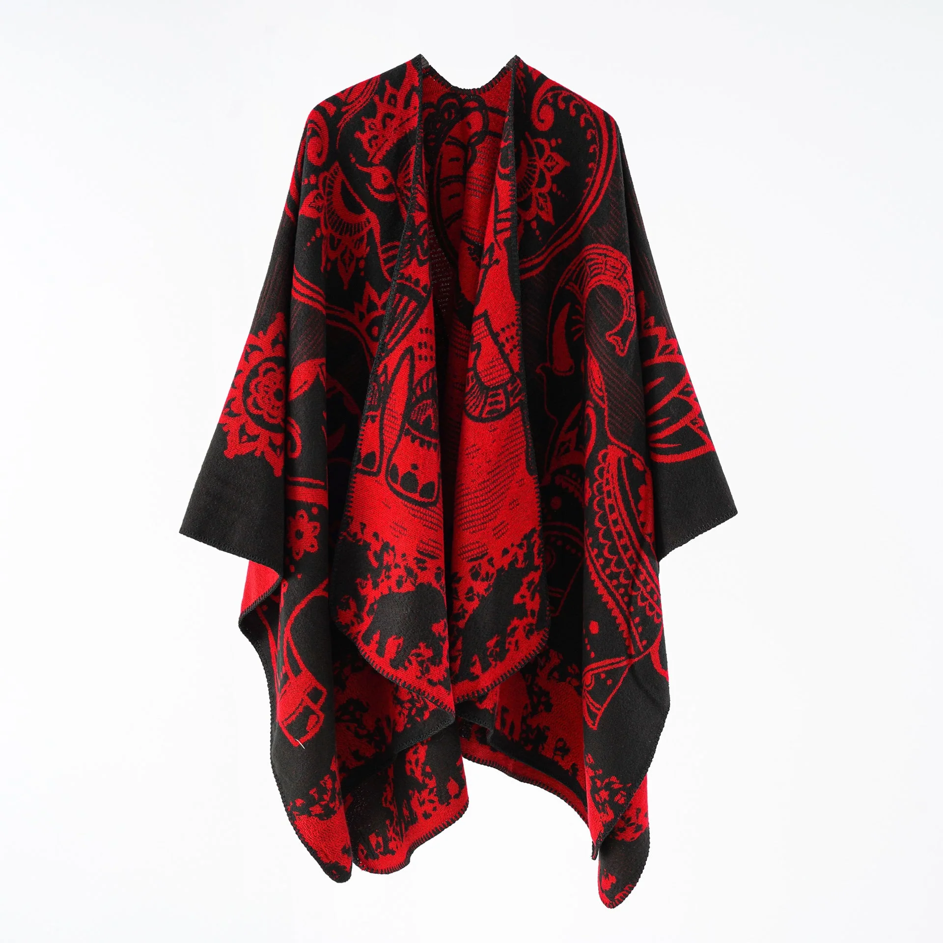 Damen Eleganter Übergang-Poncho mit Kunstvollem Floralen Muster und Fransigen Abschlüssen Heidi-Mode - Image 9