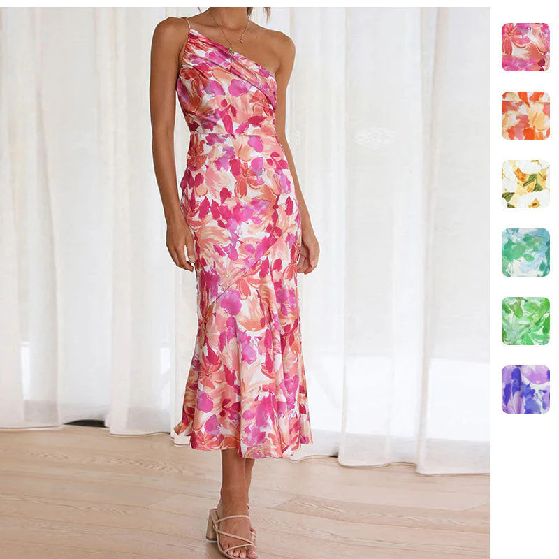 Damen Elegantes Maxikleid mit Asymmetrischem Träger und Floralem Design Heidi-Mode