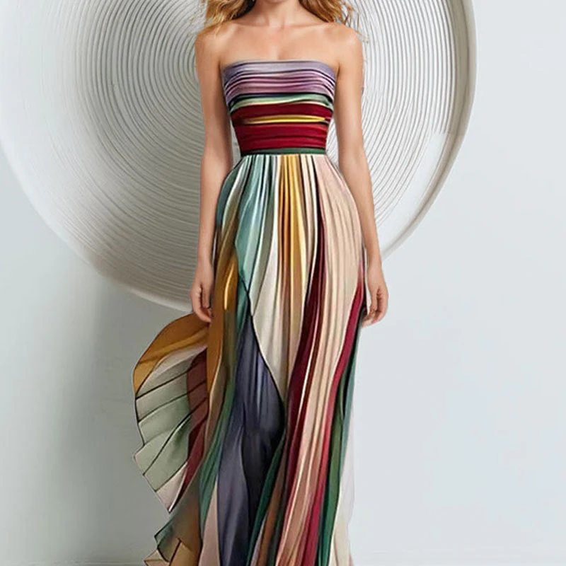 Damen Elegantes Maxikleid mit Gerafftem Oberteil und Farbenfrohem Streifenmuster Heidi-Mode - Image 4