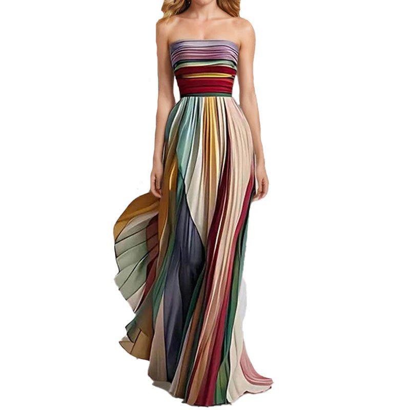 Damen Elegantes Maxikleid mit Gerafftem Oberteil und Farbenfrohem Streifenmuster Heidi-Mode - Image 5