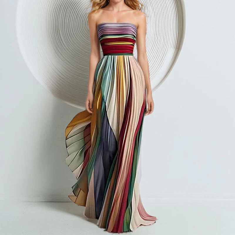 Damen Elegantes Maxikleid mit Gerafftem Oberteil und Farbenfrohem Streifenmuster Heidi-Mode - Image 6