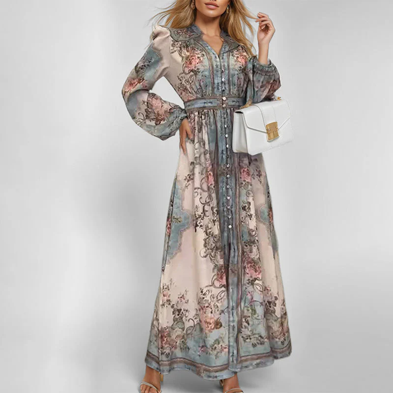 Damen Elegantes Maxikleid mit Kunstvollem Floralem Design und Tailliertem Gürtel Heidi-Mode