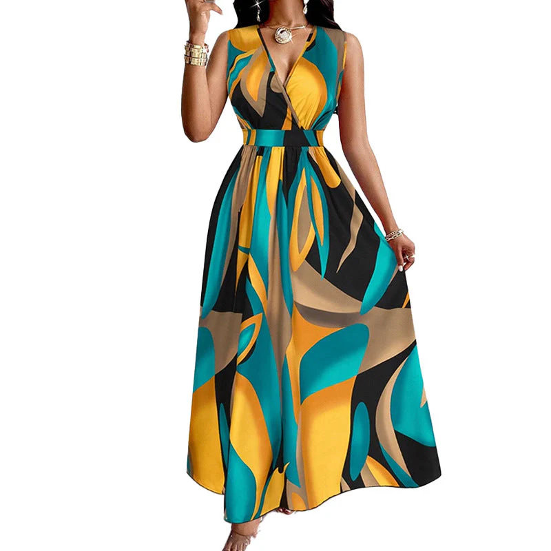 Damen Elegantes Maxikleid mit Modernem, Farbenprächtigen Design und Tiefem V-Ausschnitt Heidi-Mode - Image 5