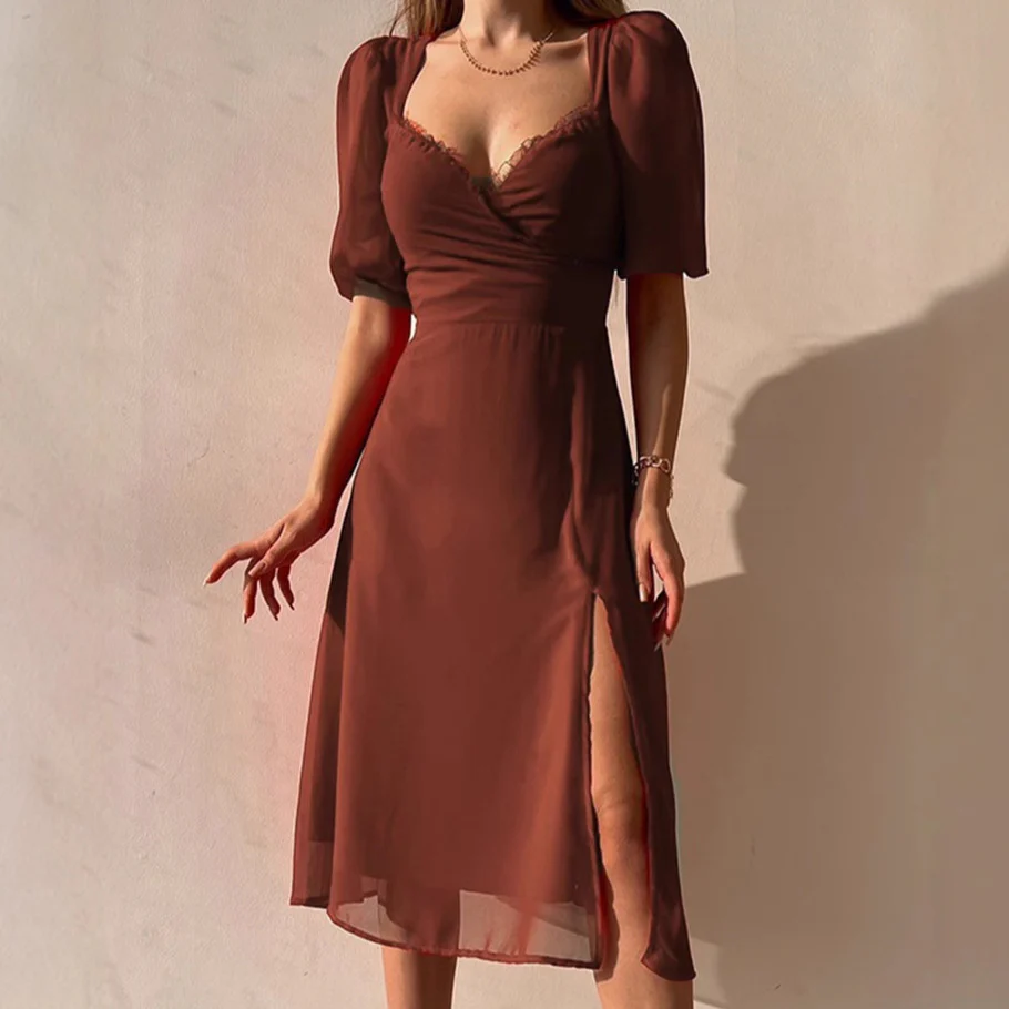 Damen Elegantes Maxikleid mit Puffärmeln und tiefem Schlitz Heidi-Mode - Image 3