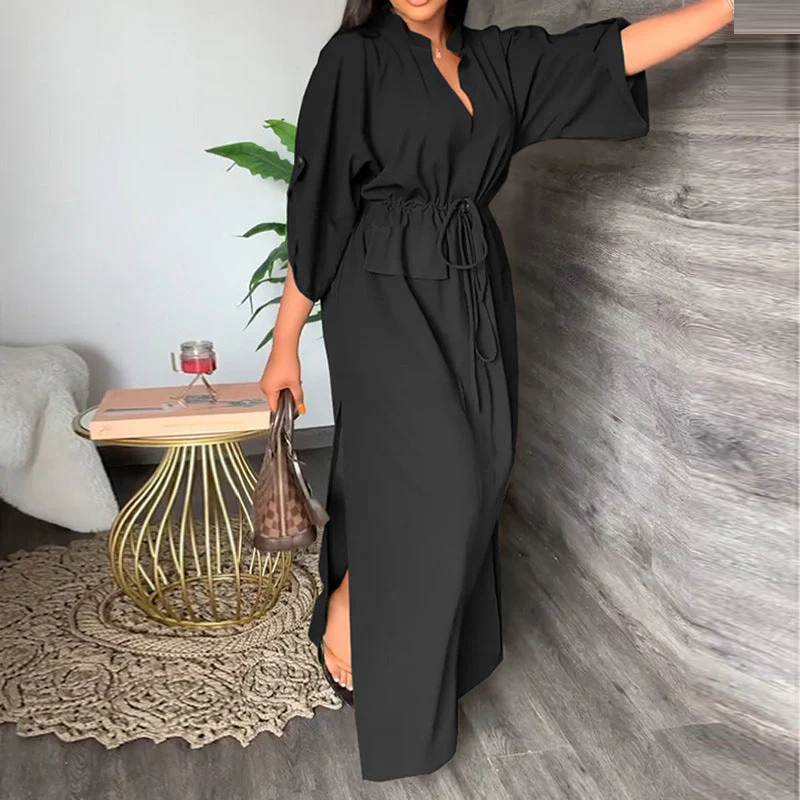 Damen Elegantes Maxikleid mit Taillierbarem Gürtel und Weit Geschnittenen Ärmeln Heidi-Mode - Image 10