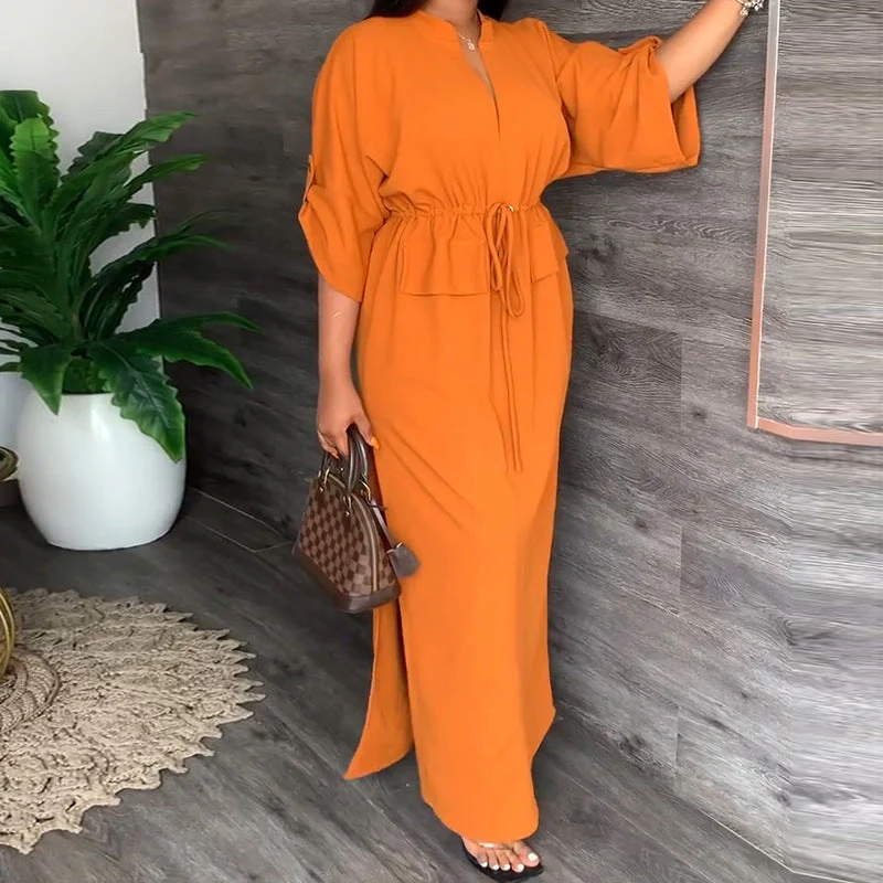 Damen Elegantes Maxikleid mit Taillierbarem Gürtel und Weit Geschnittenen Ärmeln Heidi-Mode - Image 4