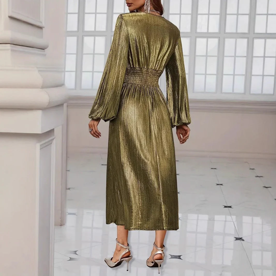 Damen Elegantes Midikleid mit Metallischem Glanz und Raffinierten Puffärmeln Heidi-Mode - Image 2
