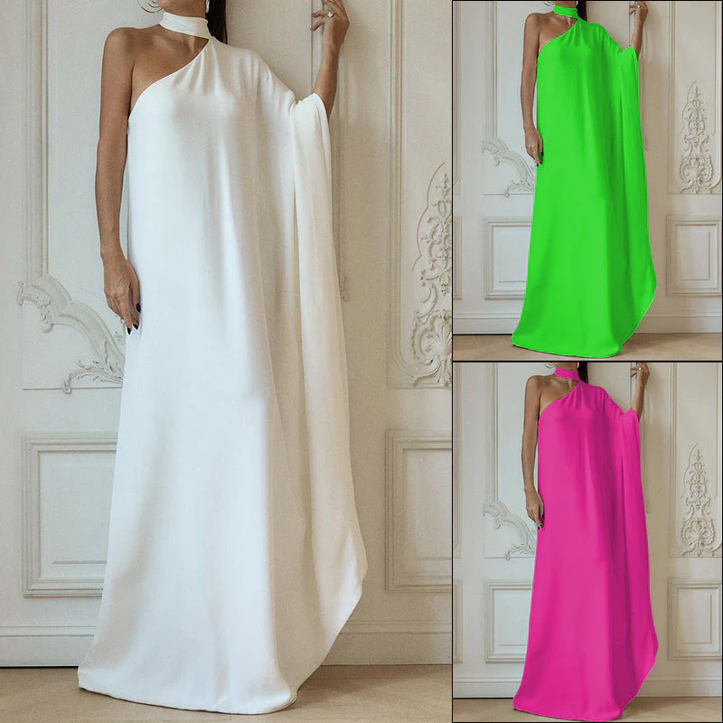 Damen Elegantes One-Shoulder Abendkleid mit Fließendem Stoff und Schickem Kragen Heidi-Mode