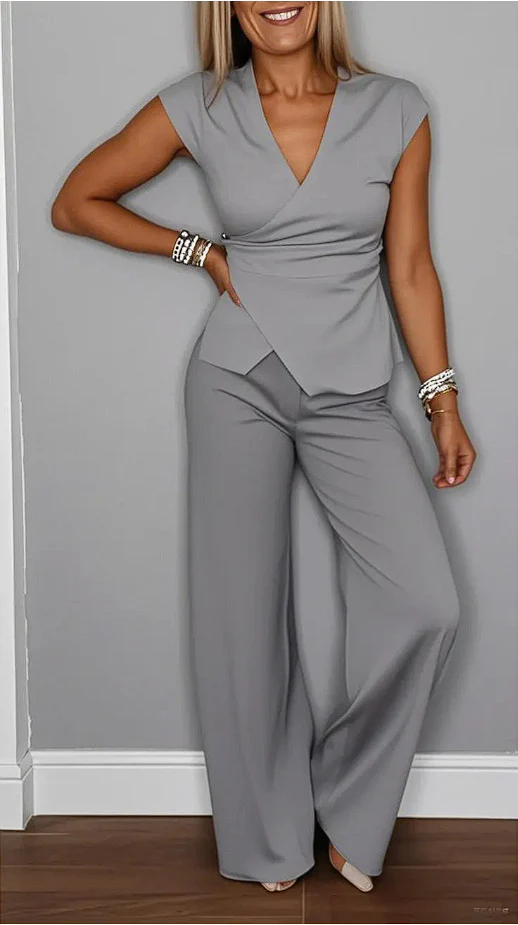 Damen elegantes Wickeloberteil mit weit geschnittenen Hosen Heidi-Mode - Image 3
