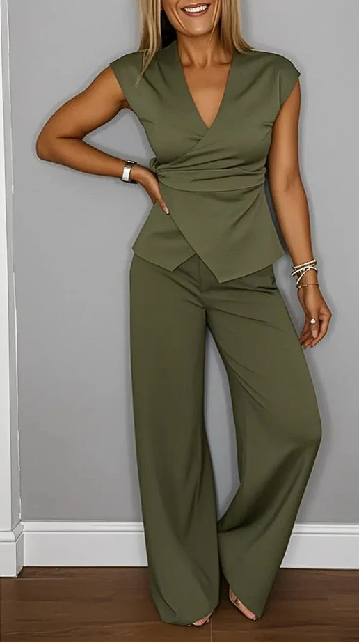 Damen elegantes Wickeloberteil mit weit geschnittenen Hosen Heidi-Mode - Image 9