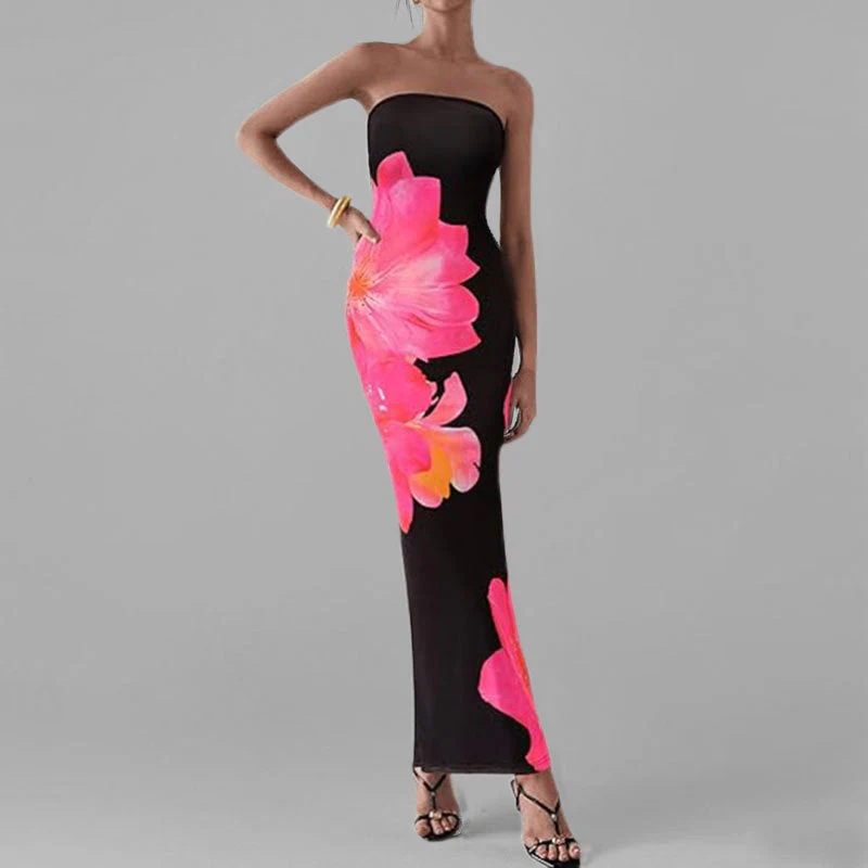 Anmutiges Blumenmuster Schulterfreies Figurbetontes Kleid Heidi-Mode - Image 17