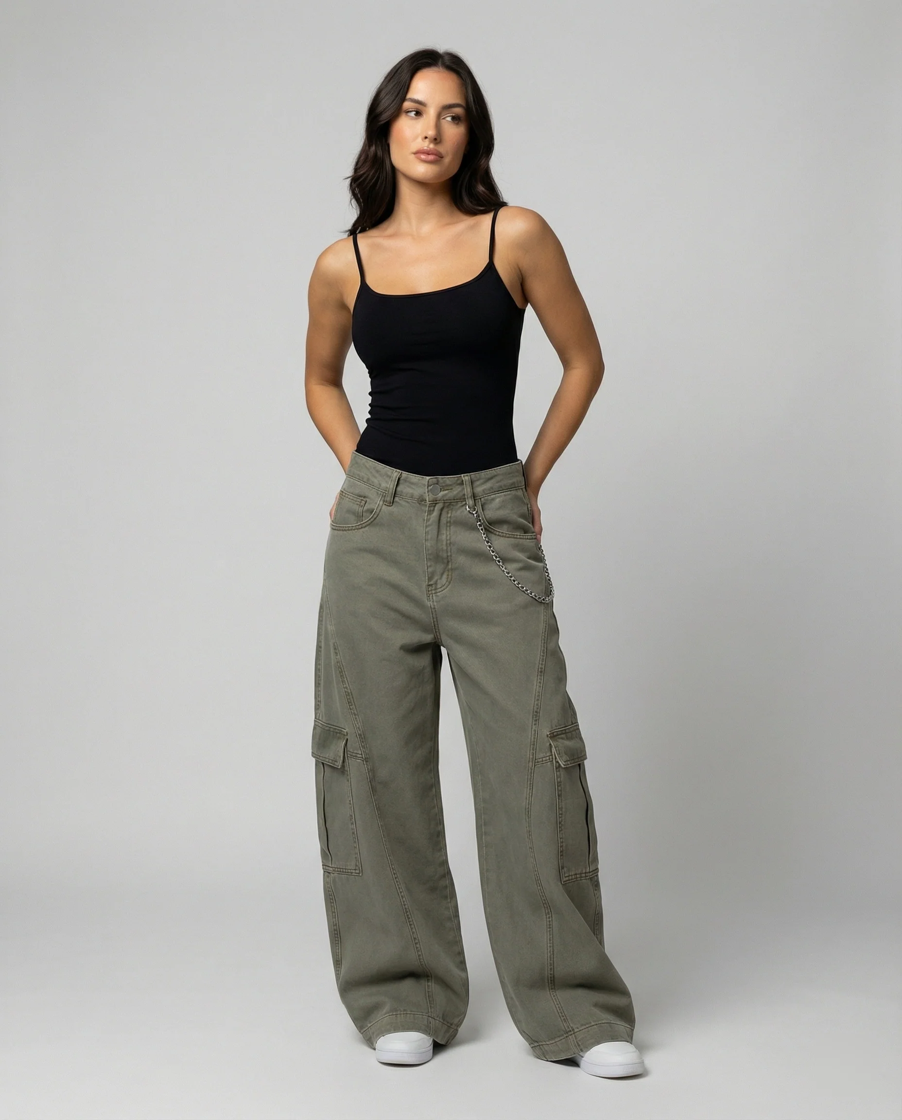 Damen extraweite Baggy-Cargo-Palazzo-Hose mit niedrigem Bund, markanten Teilungsnähten und großen Klappentaschen Heidi-Mode - Image 2