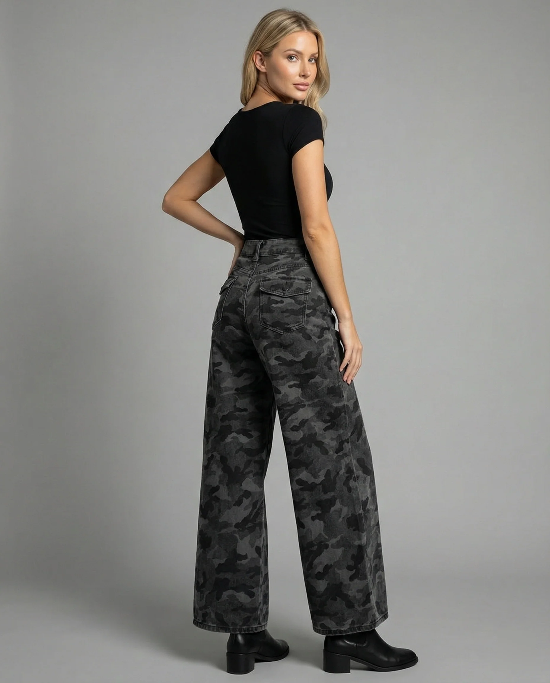 Damen extraweite Camouflage-Palazzohose mit hohem Bund, tiefem Schritt und aufgesetzten Gesäßtaschen Heidi-Mode - Image 4