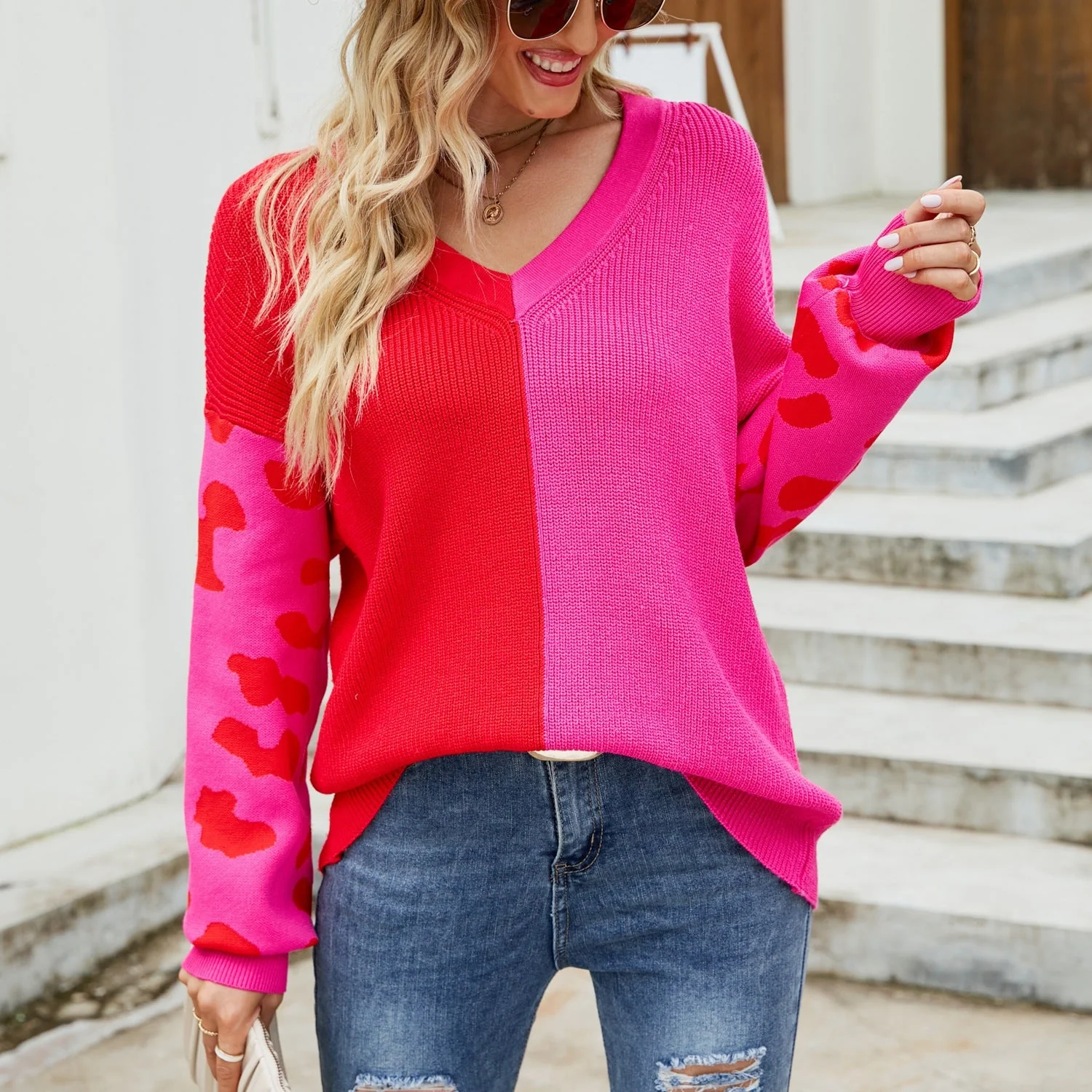 Damen Farbenfroher Pullover Im Modischen Blockfarben-Design mit Leopardenmuster Heidi-Mode