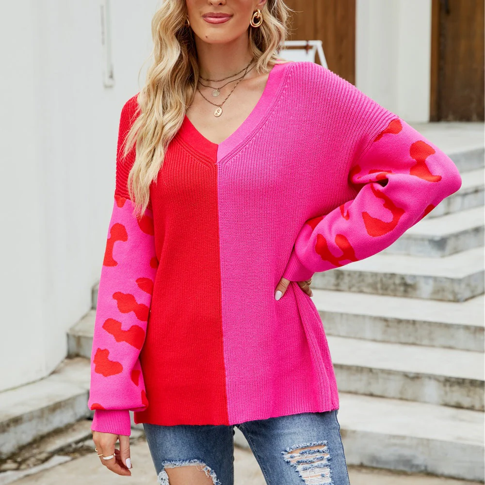 Damen Farbenfroher Pullover Im Modischen Blockfarben-Design mit Leopardenmuster Heidi-Mode - Image 4