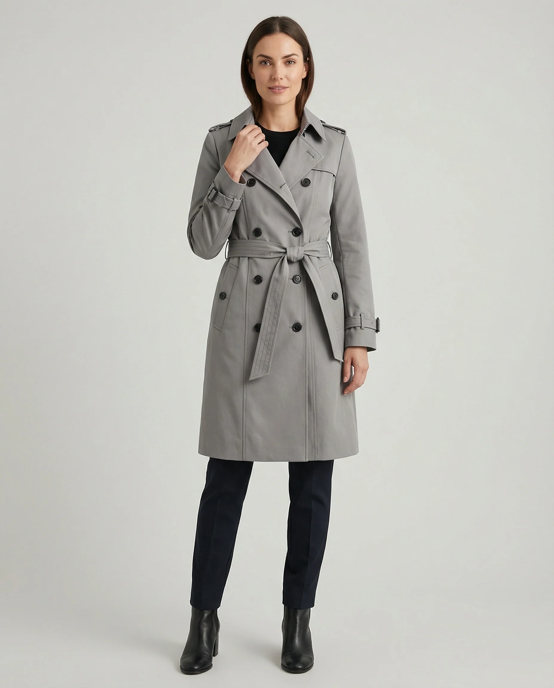 Damen Fashion Trends weit geschnittener doppelreihiger Trenchcoat mit Taillengürtel und Schulterpatten Heidi-Mode - Image 3