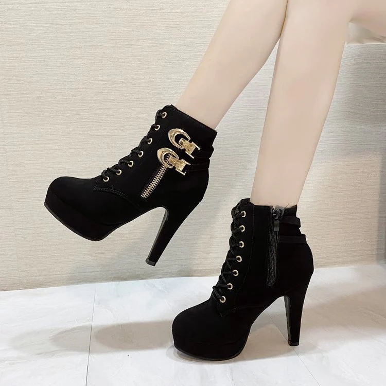 Damen Fashionable High-Heel Stiefeletten mit Dekorativen Schnallen und Reißverschluss Heidi Mode - Image 4