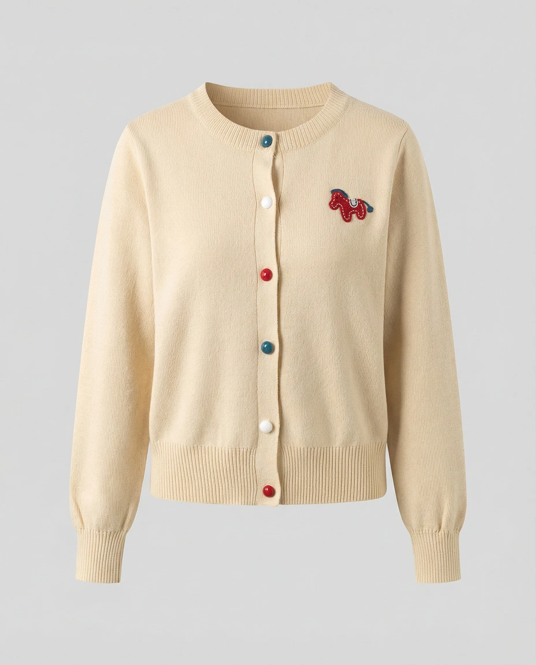 Damen Feinstrickcardigan mit Rundhalsausschnitt, geripptem Saum und Pferde-Applikation Heidi-Mode - Image 5