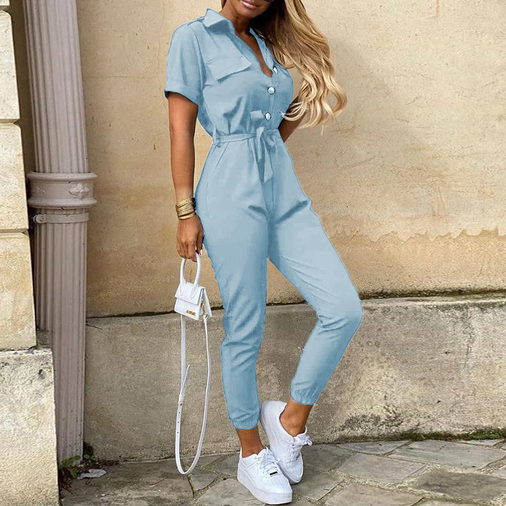 Damen Figurbetonter Kurzoverall mit Knopfleiste und Taillierbarem Gürtel Heidi-Mode - Image 12
