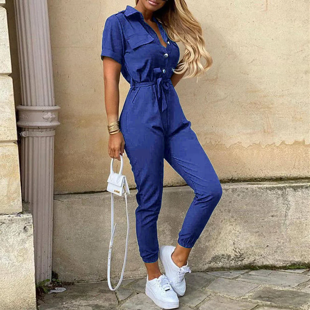 Damen Figurbetonter Kurzoverall mit Knopfleiste und Taillierbarem Gürtel Heidi-Mode - Image 13