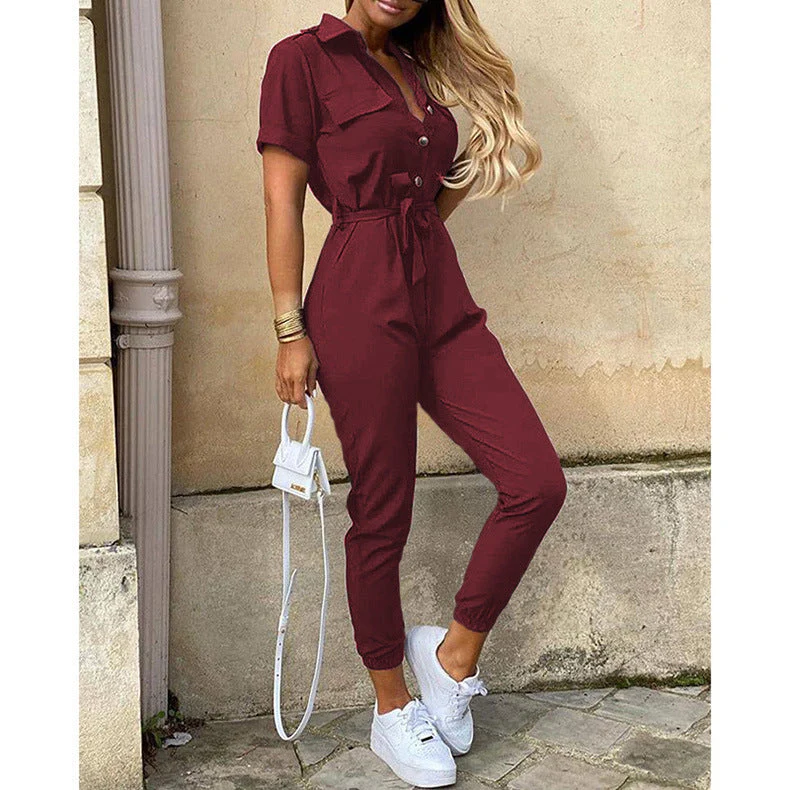 Damen Figurbetonter Kurzoverall mit Knopfleiste und Taillierbarem Gürtel Heidi-Mode - Image 14